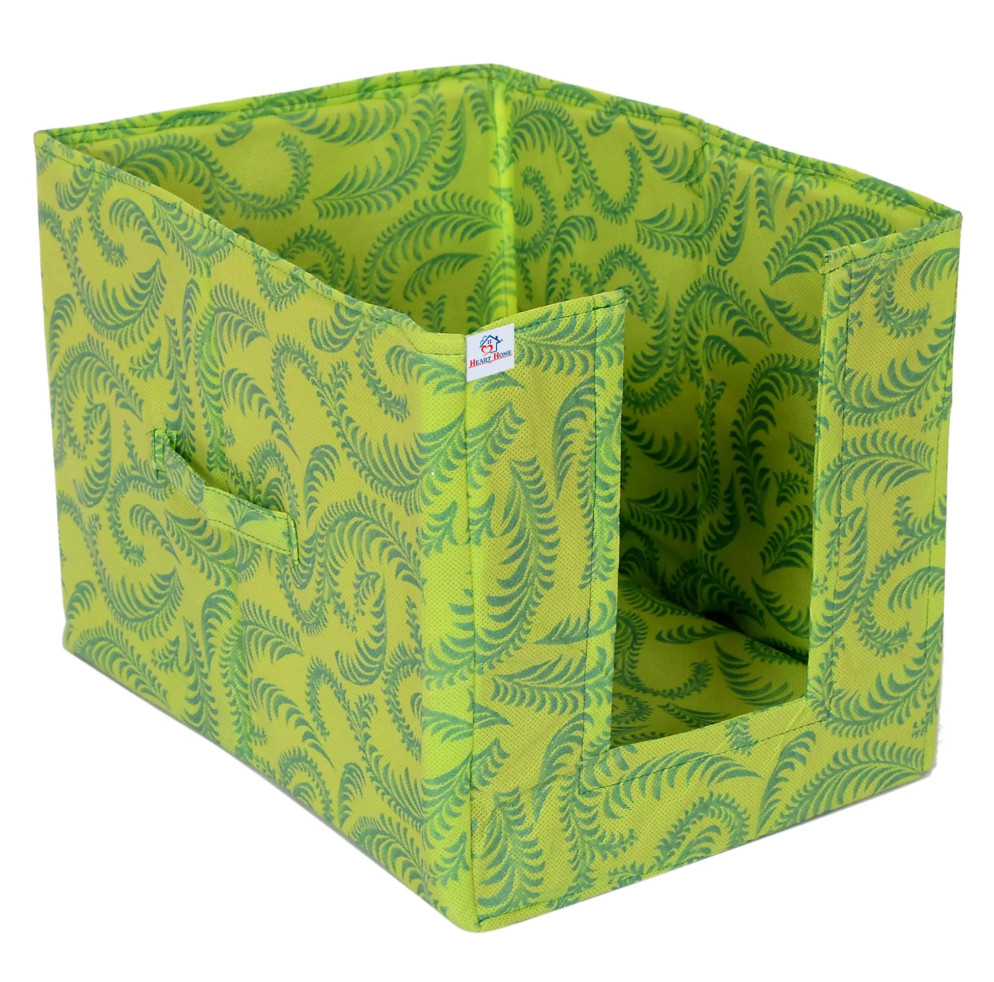 Heart Home Saree Organizer for Wardrobe/Closet Storage Box and Clothing Organiser for Women Clothes With Metalic Leaf Print- Pack of 3 (Green)