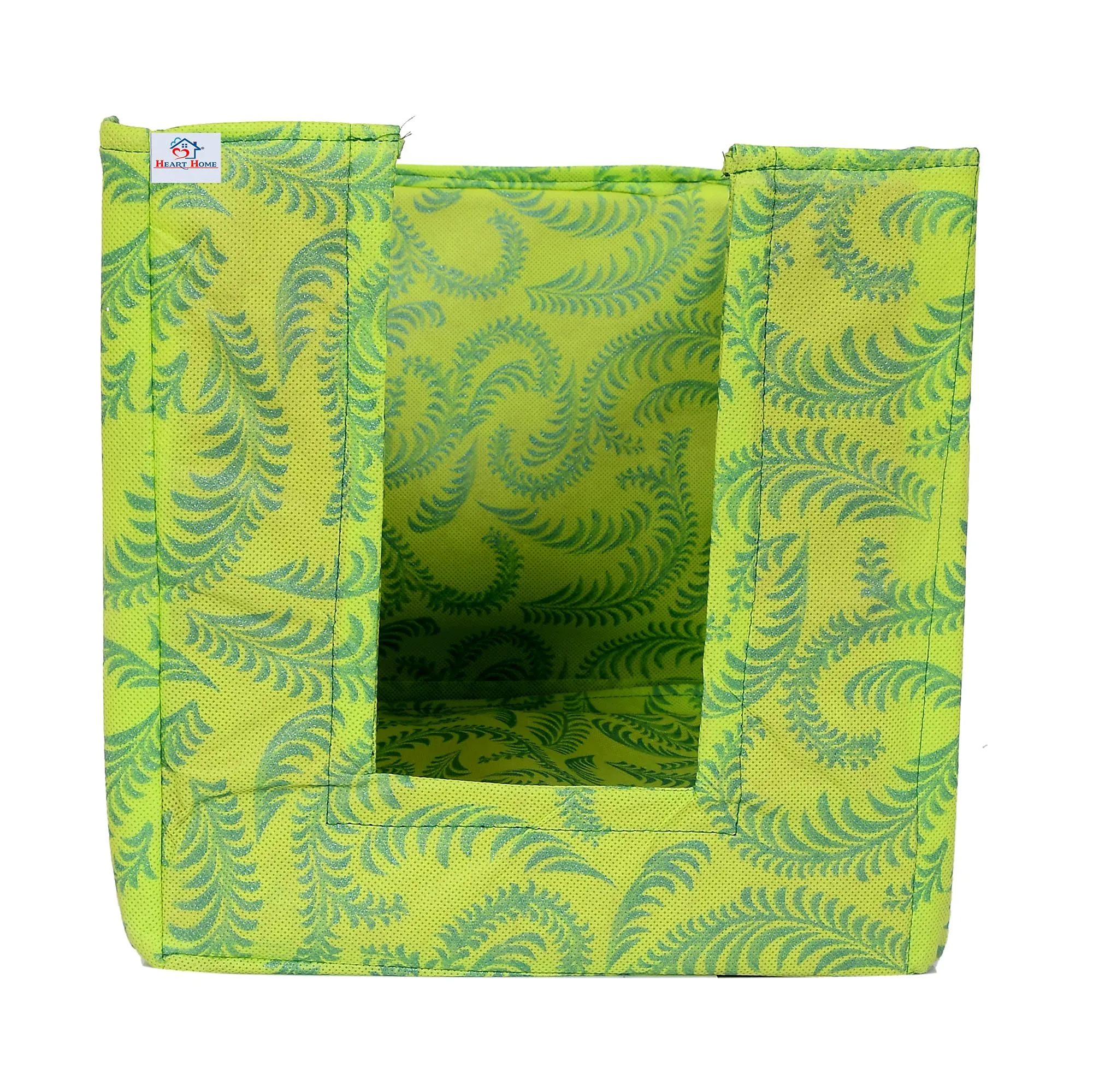 Heart Home Saree Organizer for Wardrobe/Closet Storage Box and Clothing Organiser for Women Clothes With Metalic Leaf Print- Pack of 3 (Green)