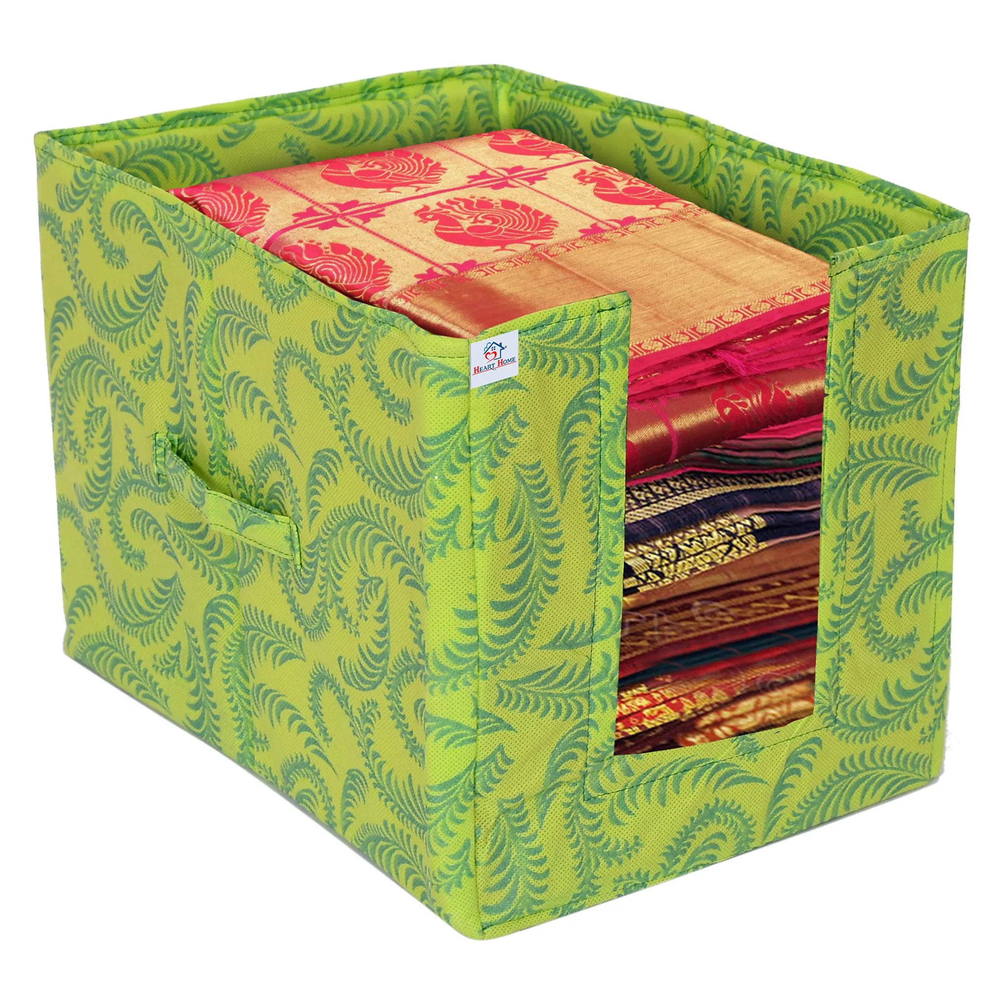 Heart Home Saree Organizer for Wardrobe/Closet Storage Box and Clothing Organiser for Women Clothes With Metalic Leaf Print- Pack of 3 (Green)