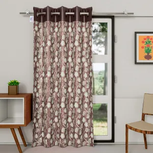 Heart Home Silk Decorative 7 Feet Door Curtain | Leaf Print Blackout Drapes Curtain with 8 Eyelet for Home & Office (Brown)