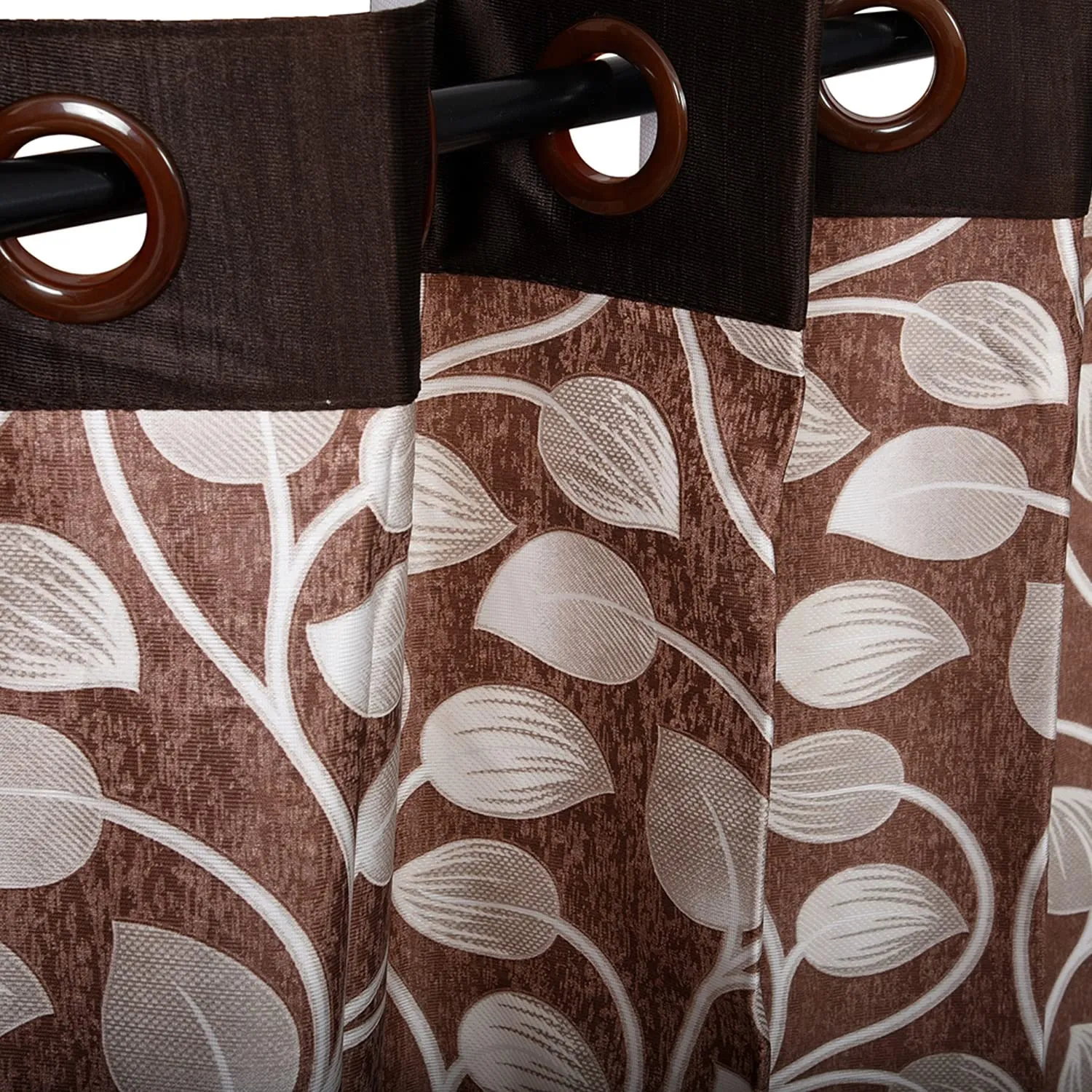 Heart Home Silk Decorative 7 Feet Door Curtain | Leaf Print Blackout Drapes Curtain with 8 Eyelet for Home & Office (Brown)