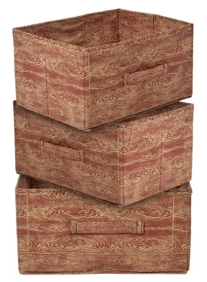 Heart Home Wooden Design Non-Woven Rectangular Flodable Cloth Storage Box/Drawer- Pack of 3 (Maroon Brown)-44HH0591