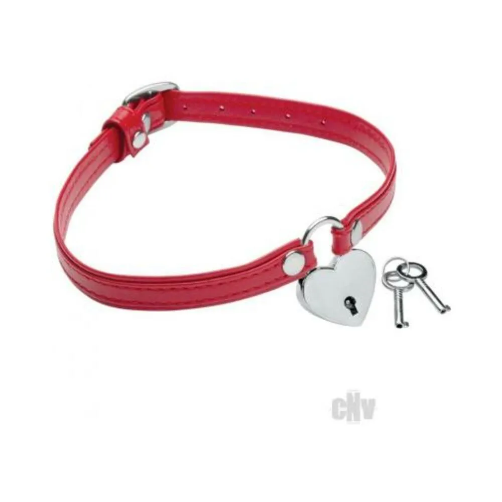 Heart Lock Leather Choker With Lock And Key - Red