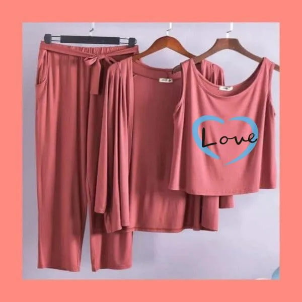 Heart Love Women Night Suit PJ 3 Pieces Set