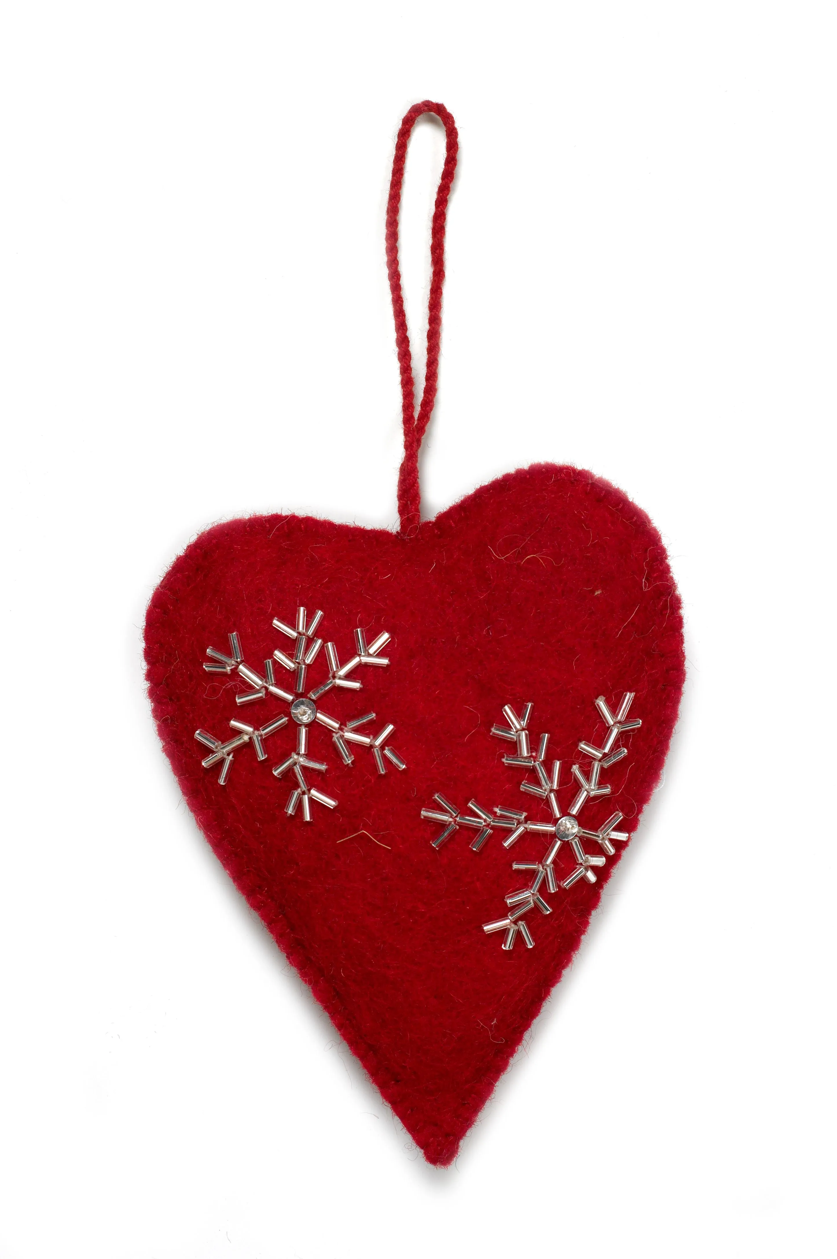 Heart ornament -red with gold hand beaded snowflakes