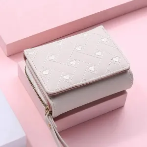 Heart Pattern Small Zipper Wallet with Stich Detail