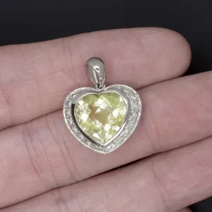 HEART SHAPE LEMON QUARTZ DIAMOND PENDANT 14k WHITE GOLD NECKLACE YELLOW GREEN