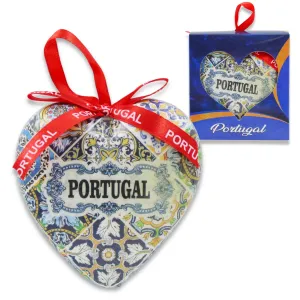 Heart-Shaped Portugal Christmas Ornament with Azulejo Tile Design and Ribbon