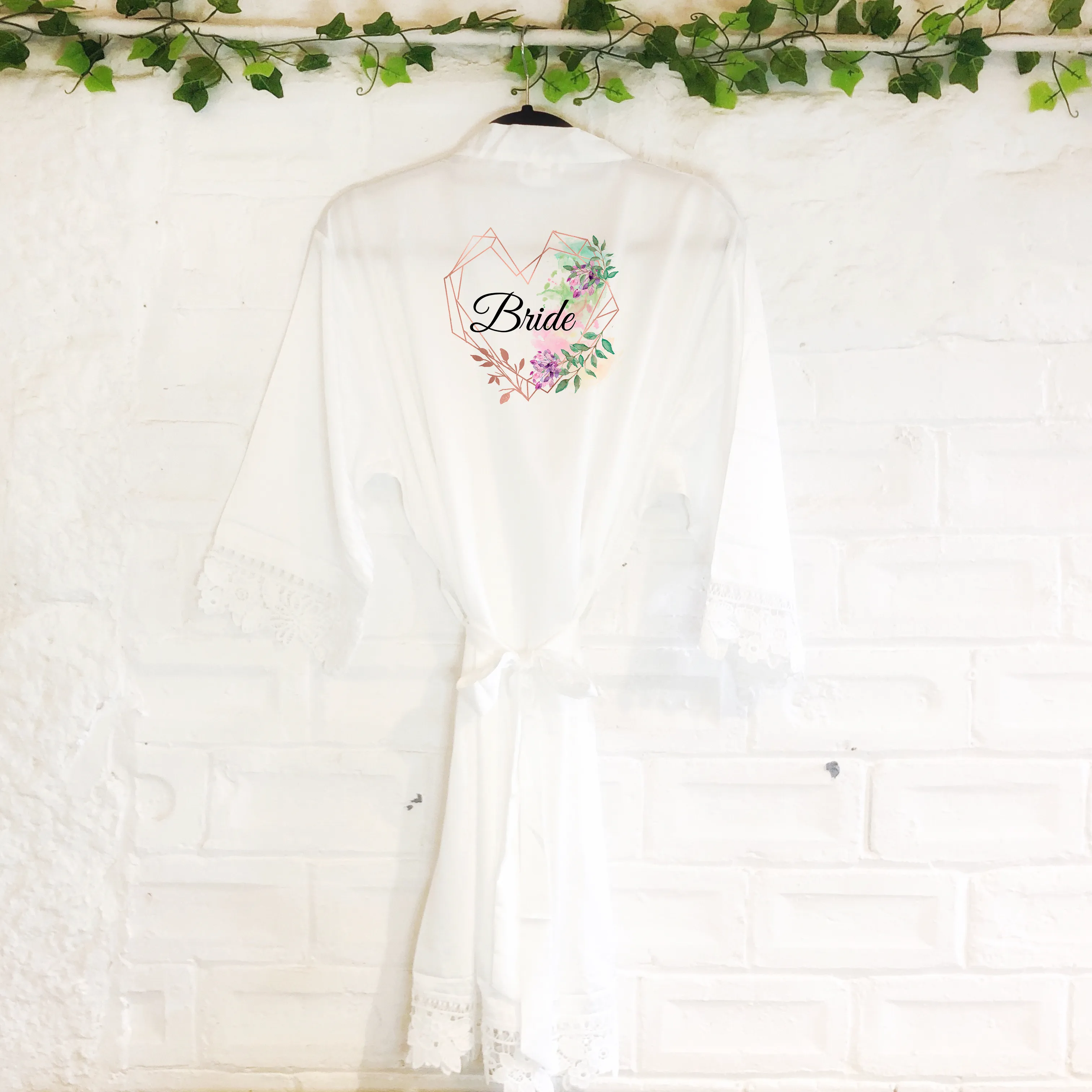 Heart Watercolour Personalised Bride Lace Wedding Dressing Robe