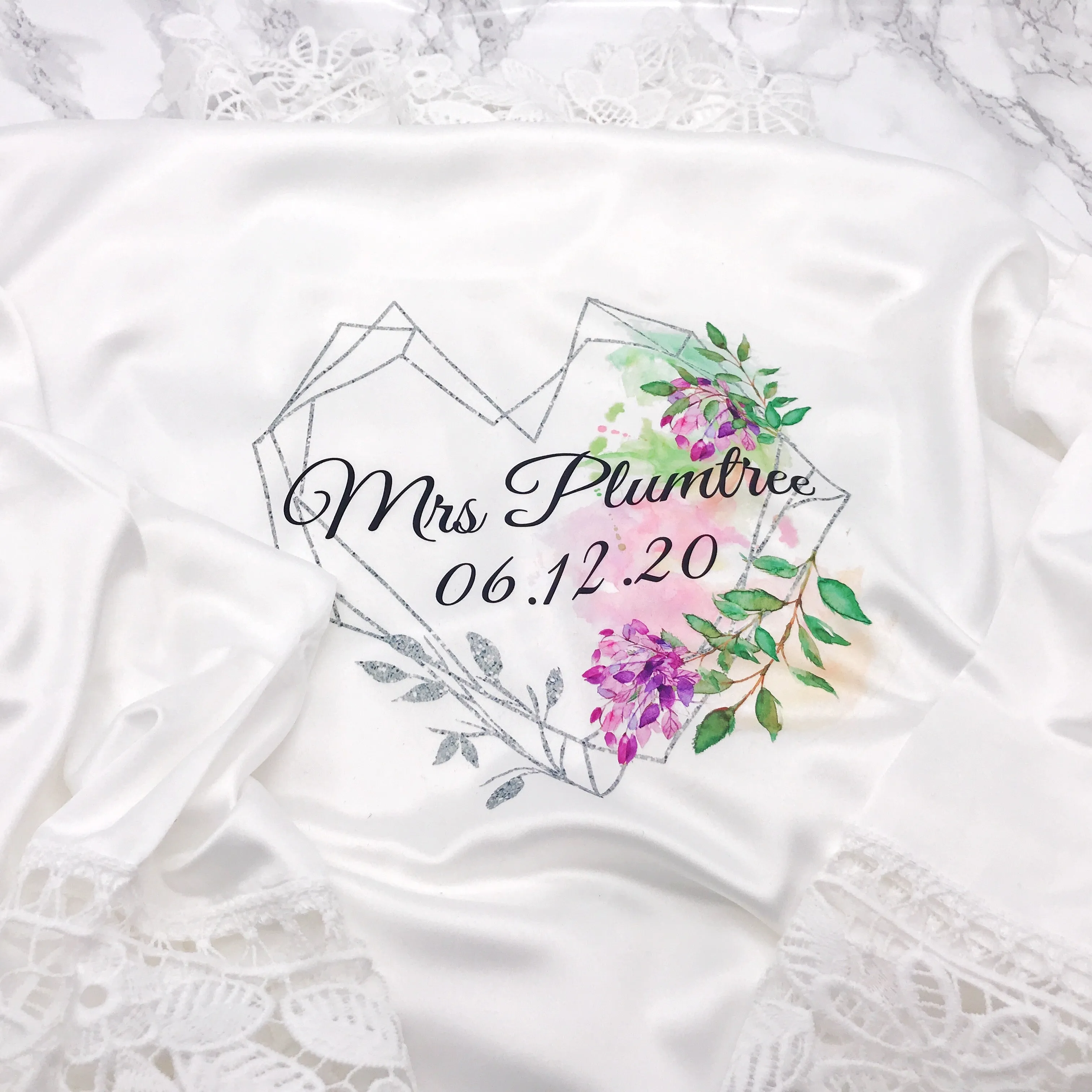 Heart Watercolour Personalised Bride Lace Wedding Dressing Robe