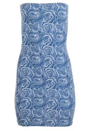 Heartbreak Bandeau Jersey Mini Dress in Blue Swirl Print