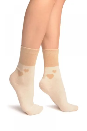 Hearts On Beige Angora Ankle High Socks