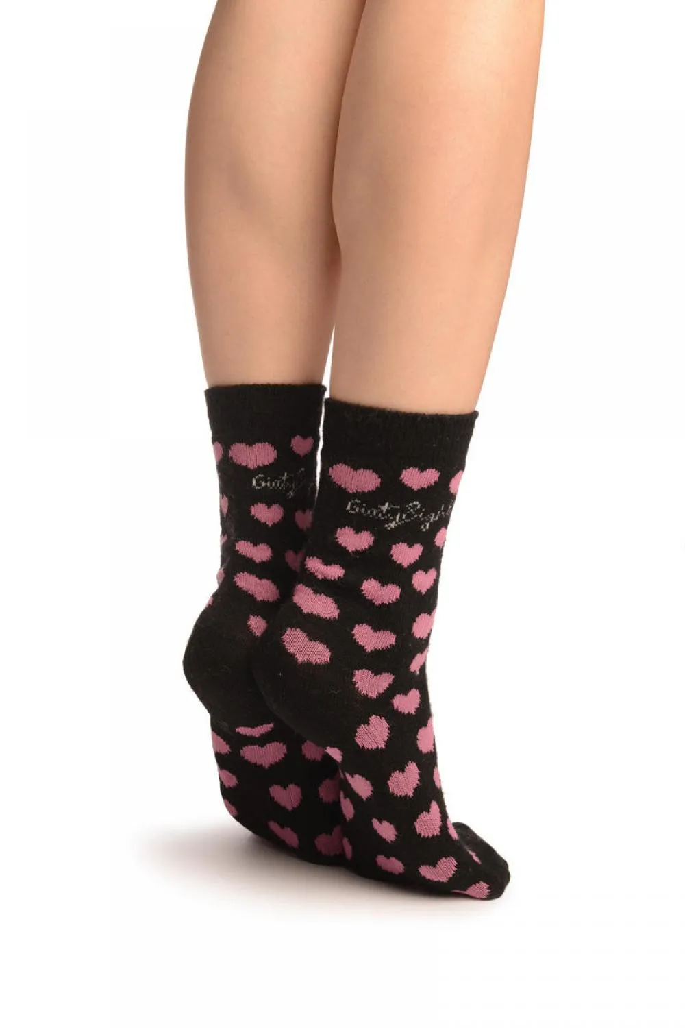 Hearts On Black Angora Ankle High Socks