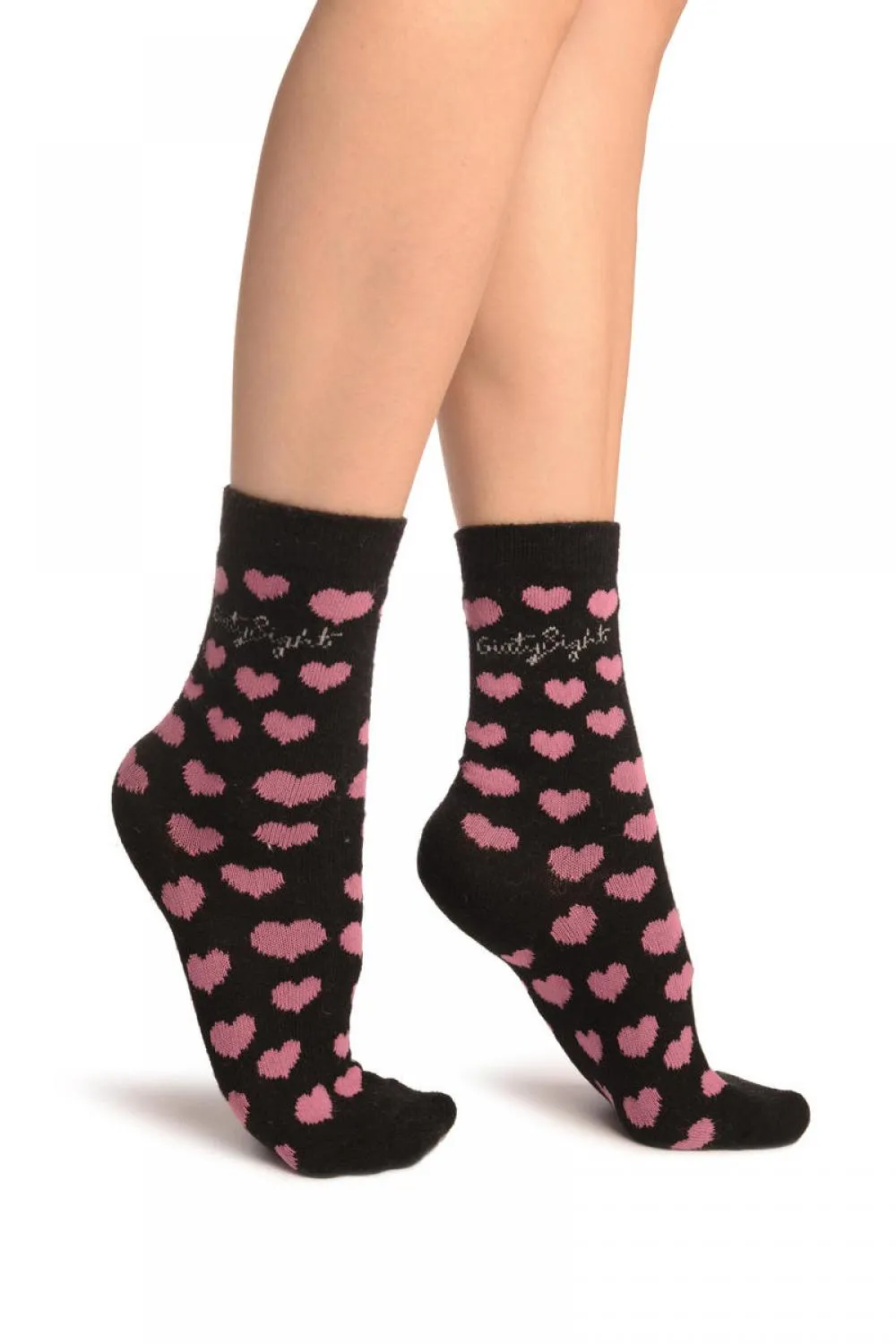 Hearts On Black Angora Ankle High Socks