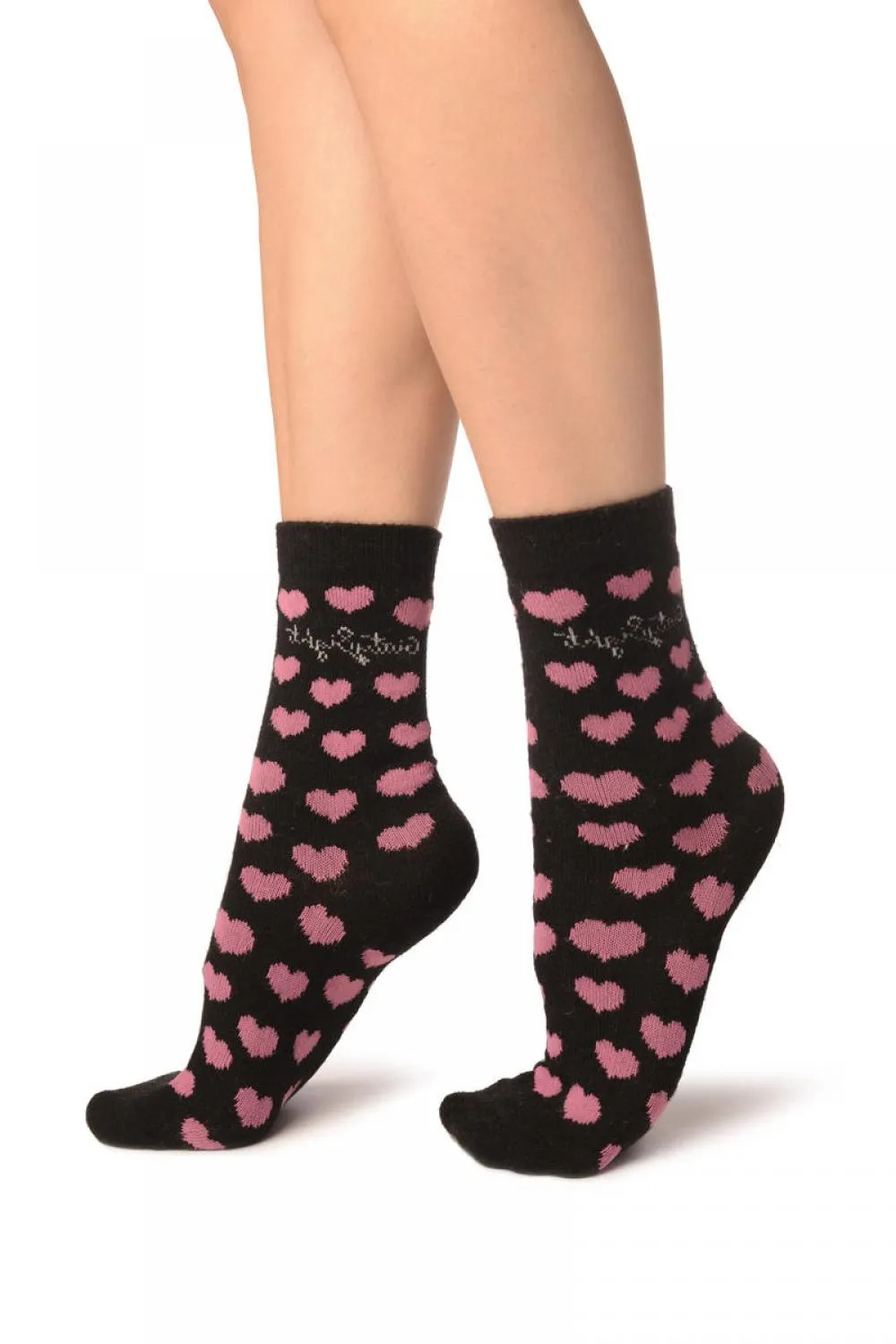 Hearts On Black Angora Ankle High Socks