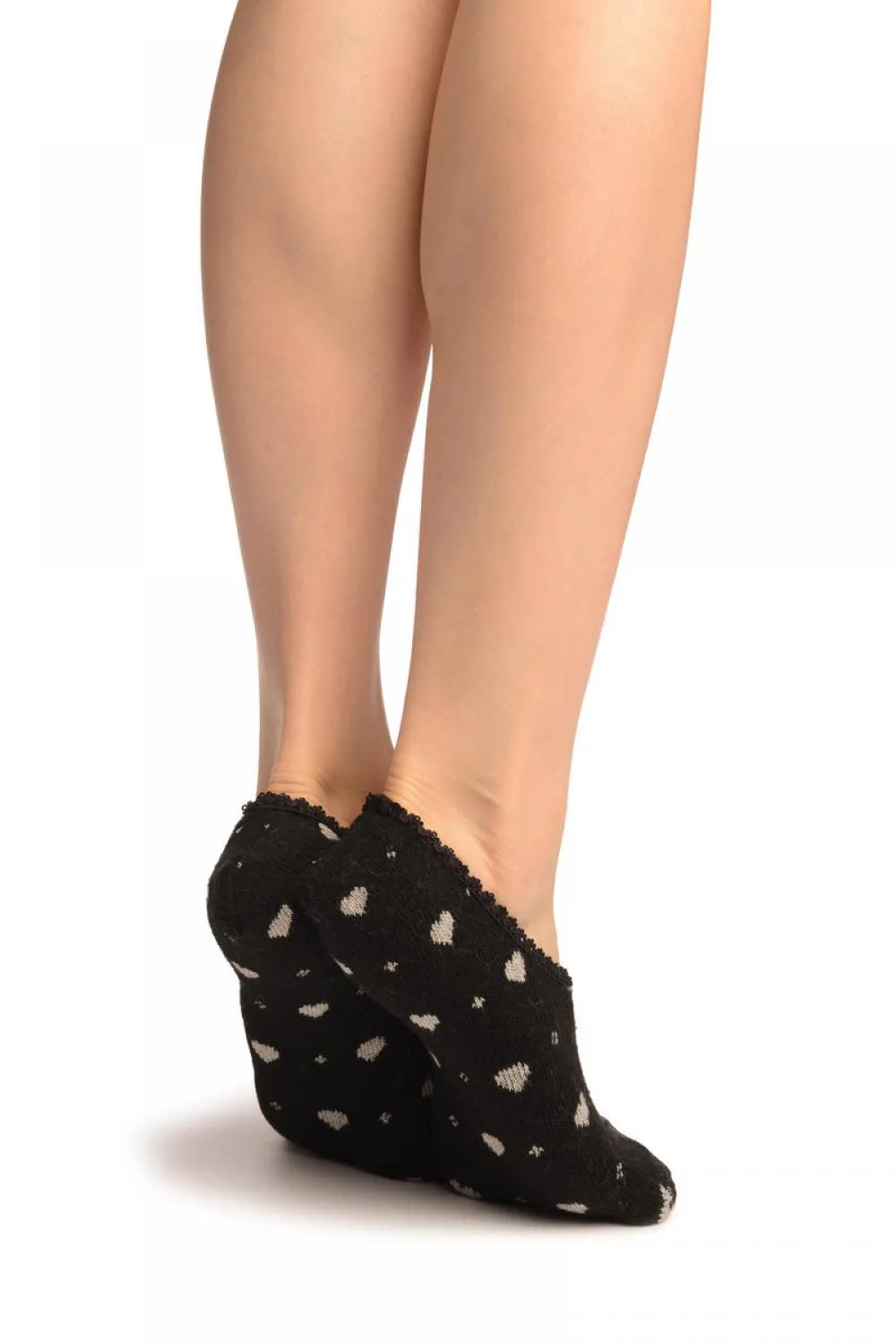 Hearts On Black With Lace Trim Angora Footies Socks