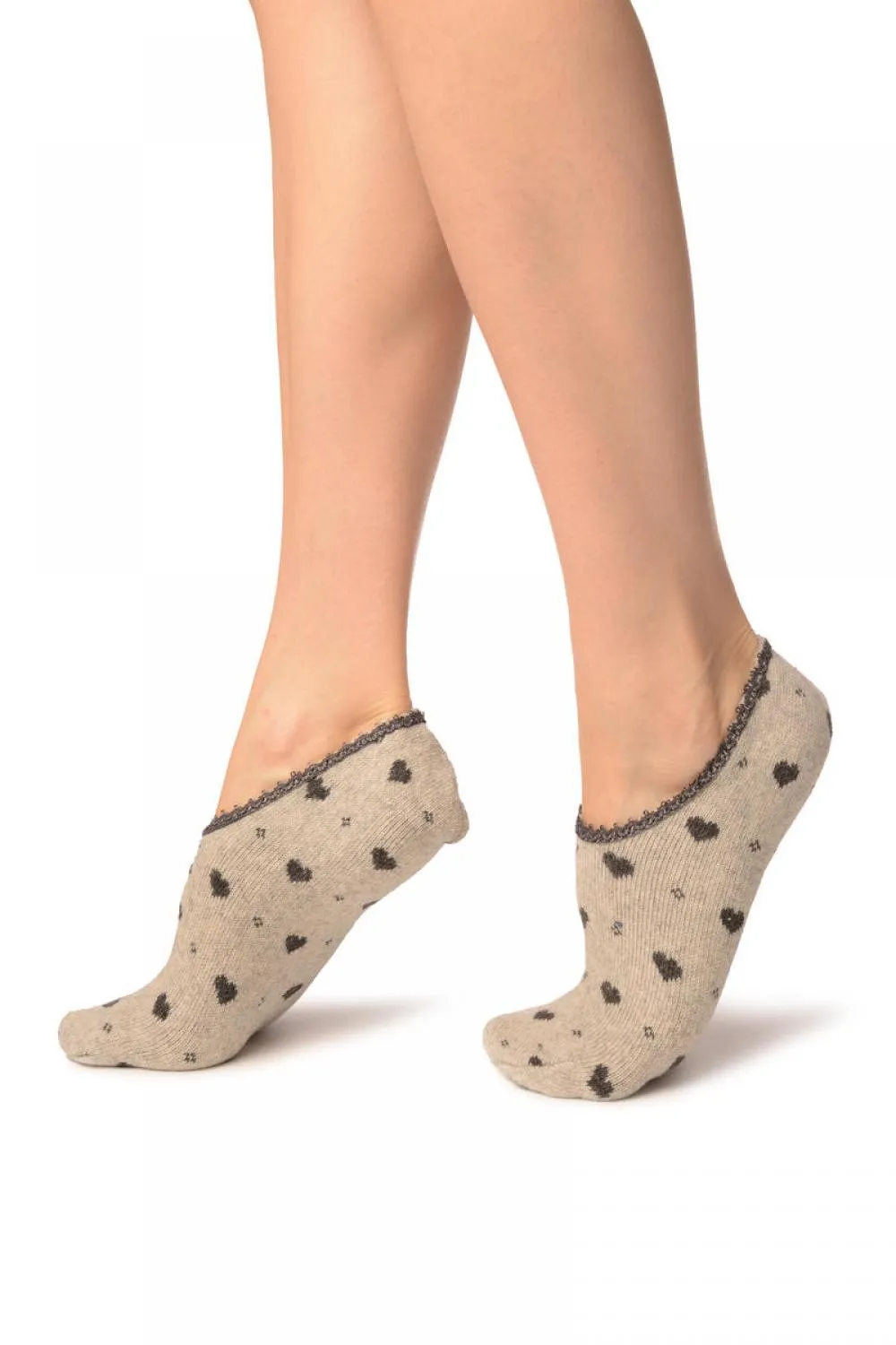 Hearts On Grey With Lace Trim Angora Footies Socks