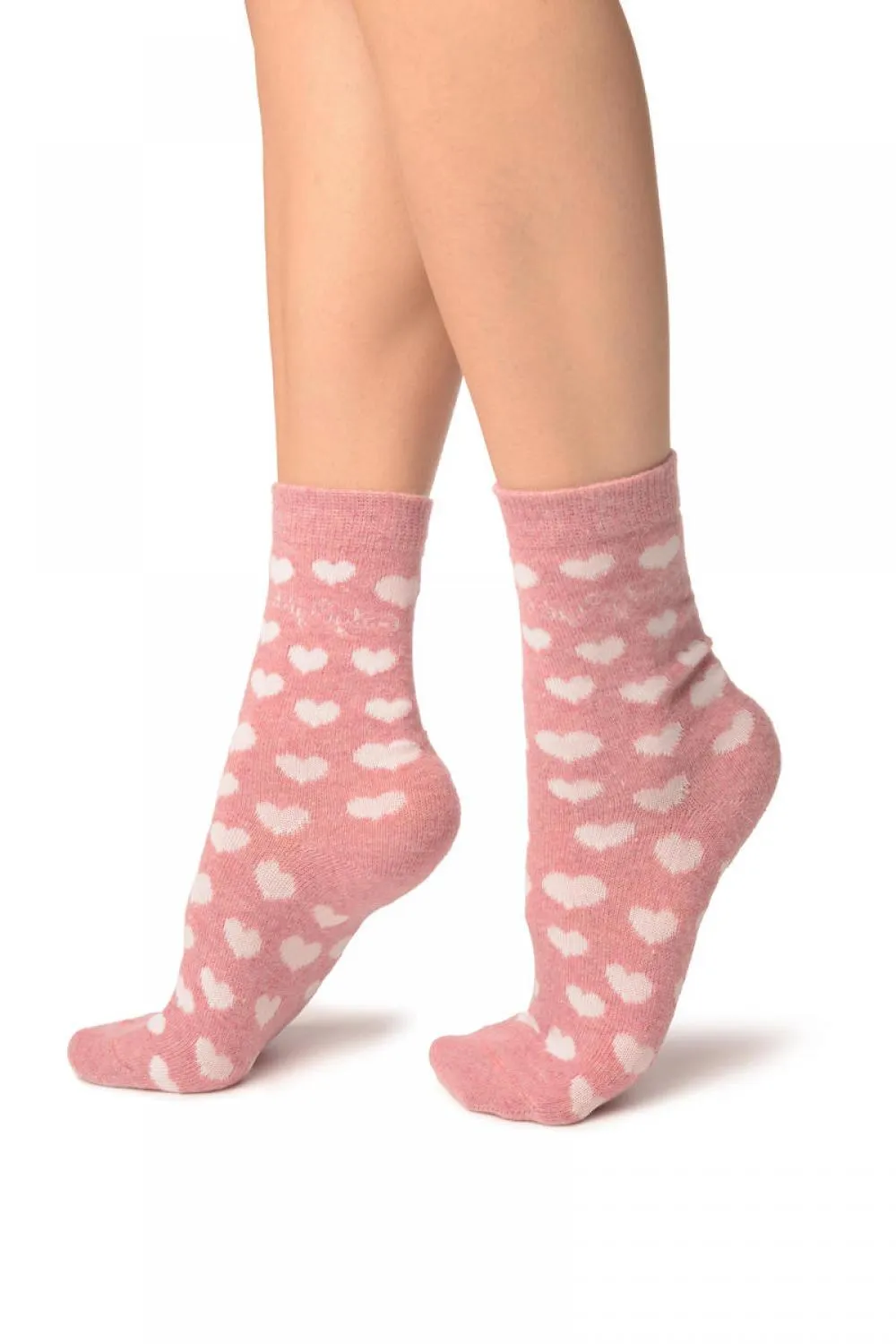 Hearts On Pink Angora Ankle High Socks