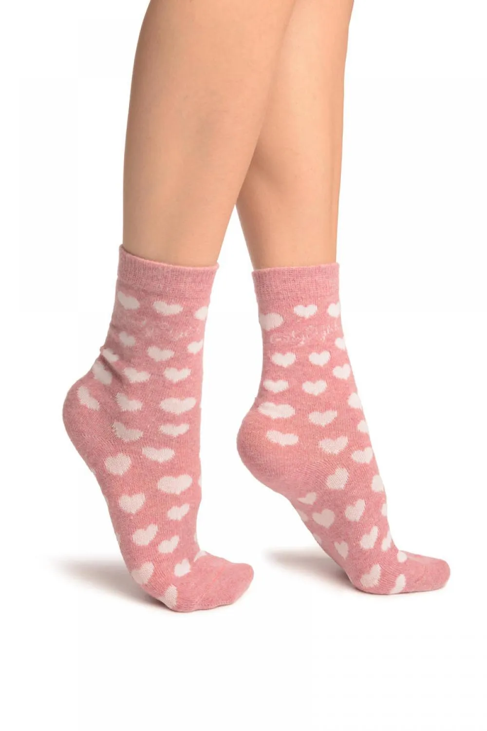 Hearts On Pink Angora Ankle High Socks