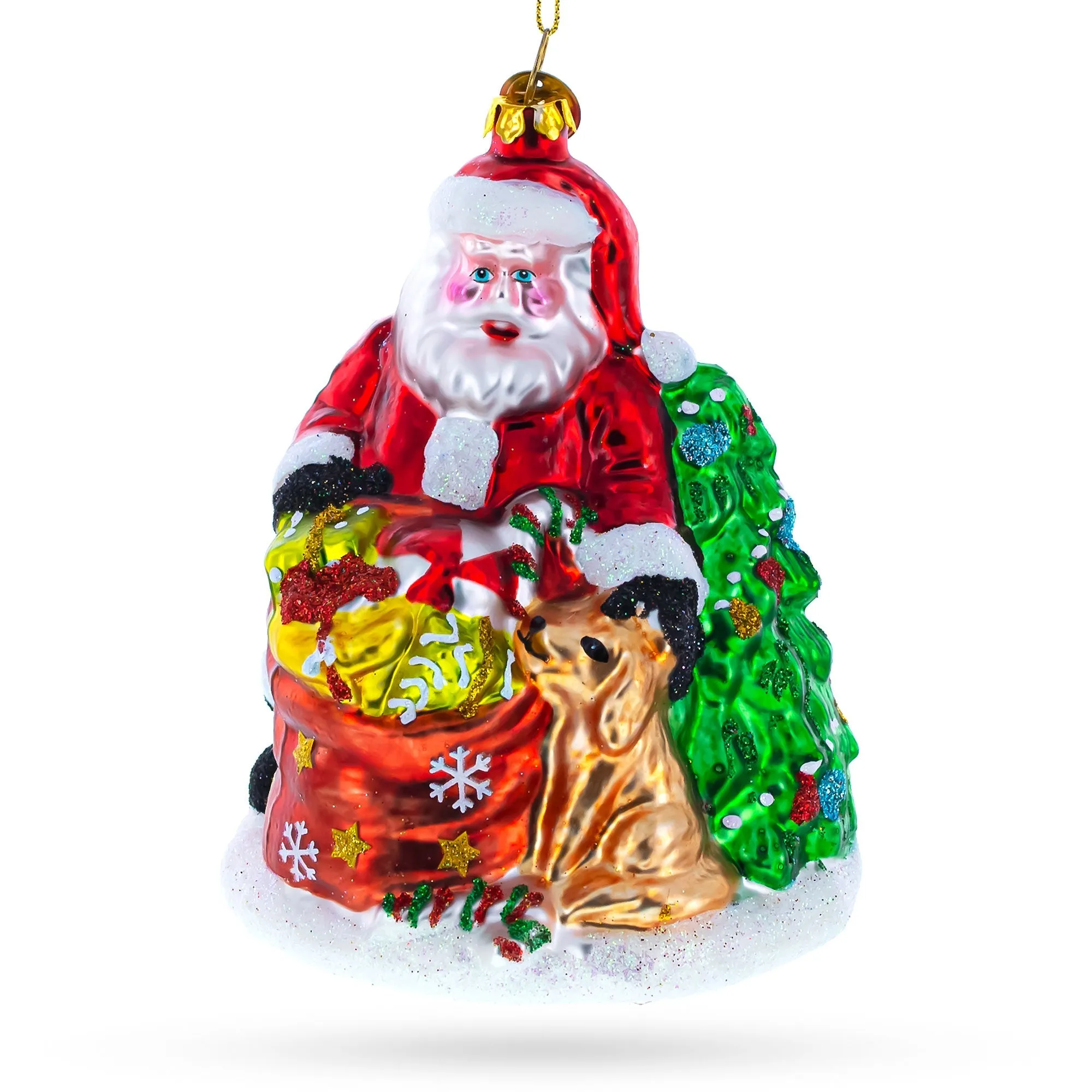 Heartwarming Santa With Golden Retriever - Blown Glass Christmas Ornament