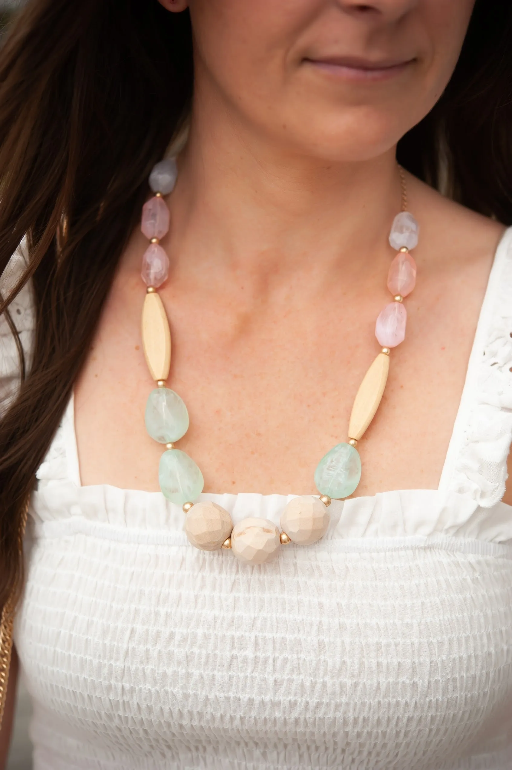 Heather Chunky Pastel Necklace | Boho Natural Wood and Crystal Beaded Necklace | Beach Babe Accessories | Blush Pink and Mint Green Beads