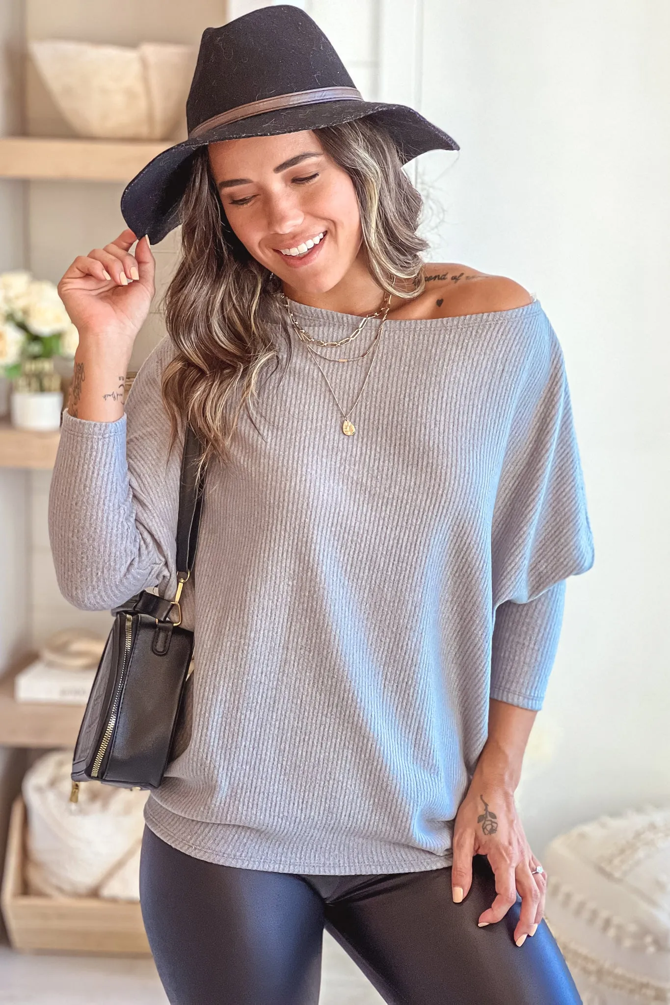 Heather Gray Long Sleeve Dolman Knit Top