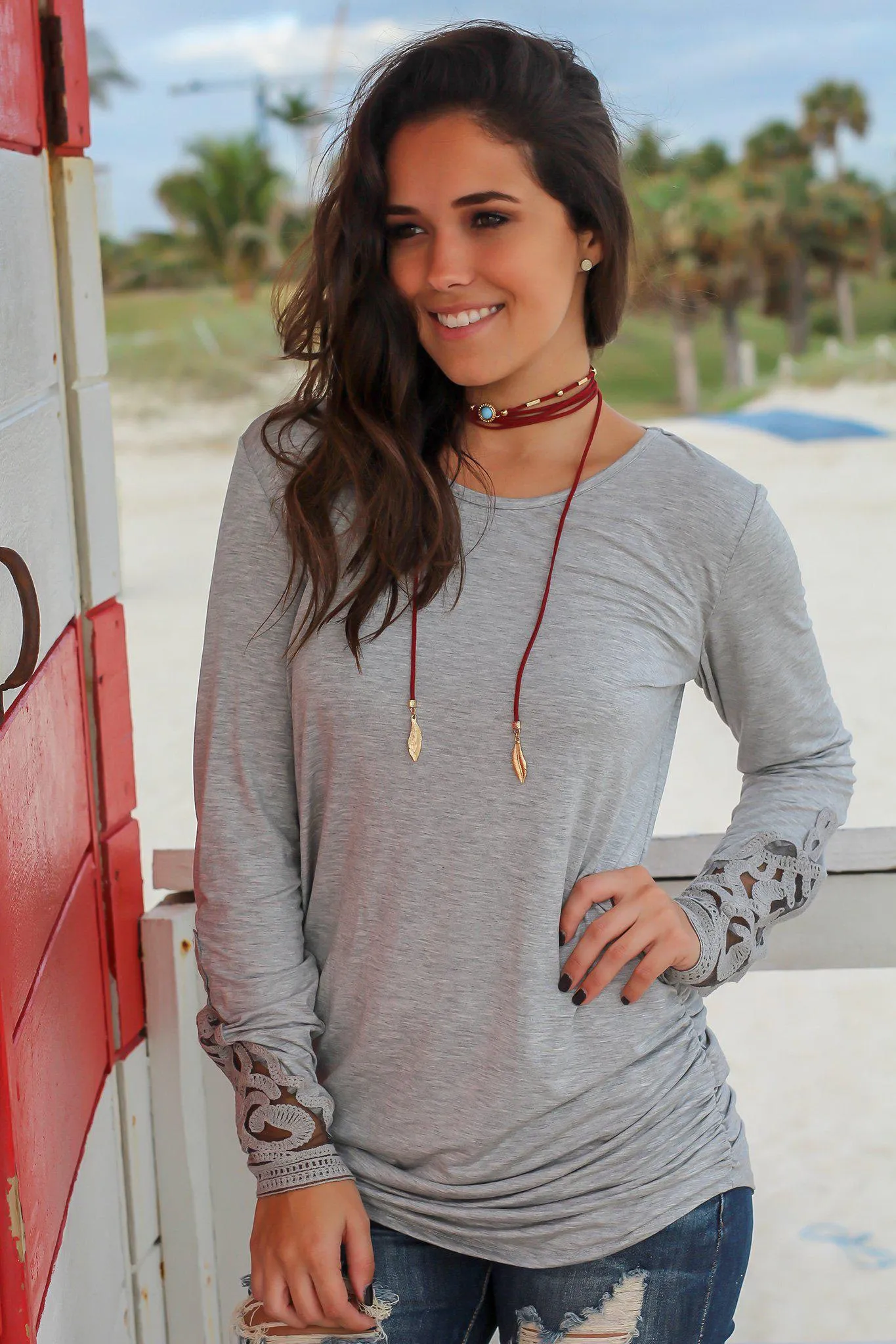 Heather Gray Long Sleeve Top with Crochet Sleeves