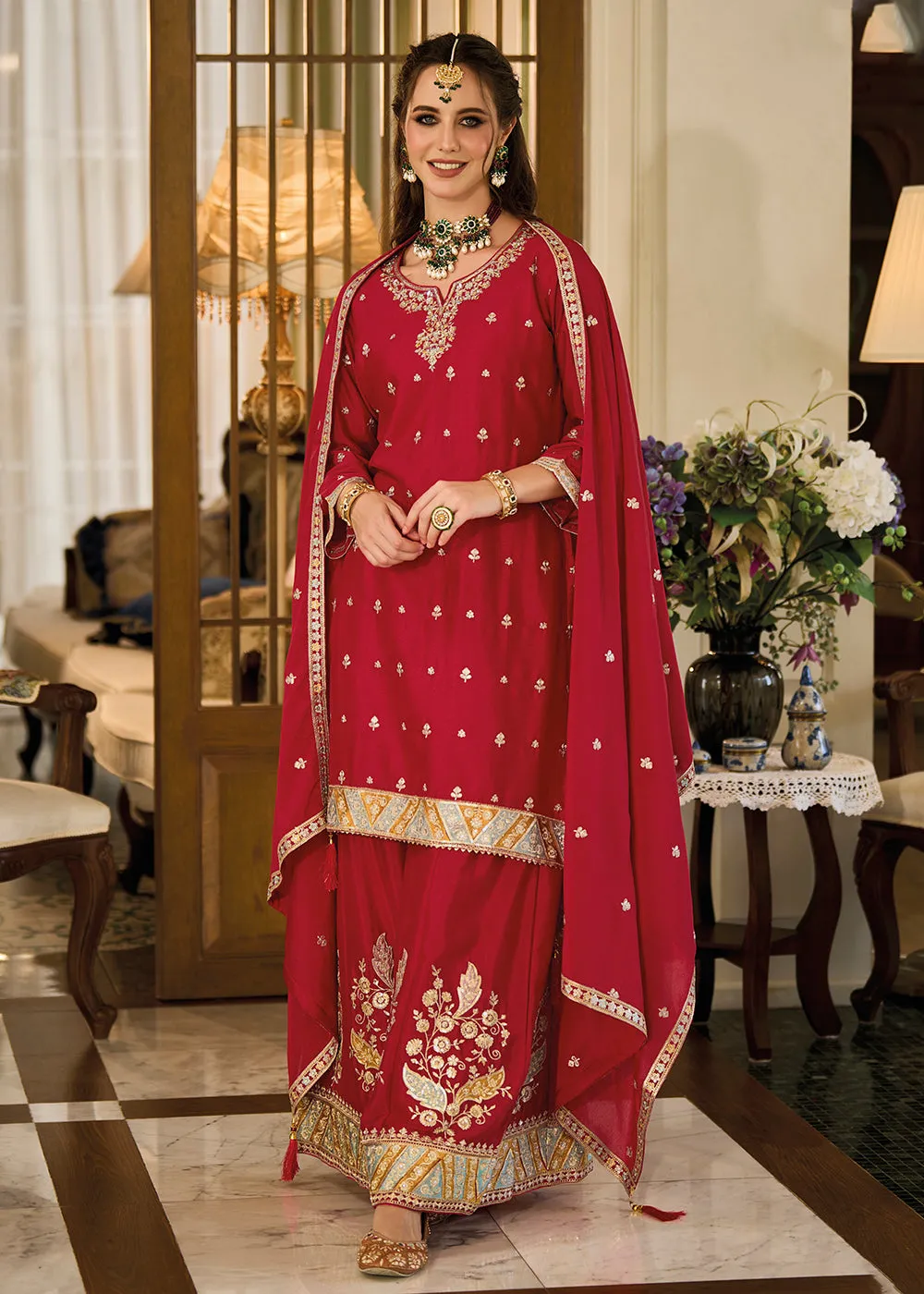 Heavy Chinnon Red Embroidered Festive Palazzo Suit