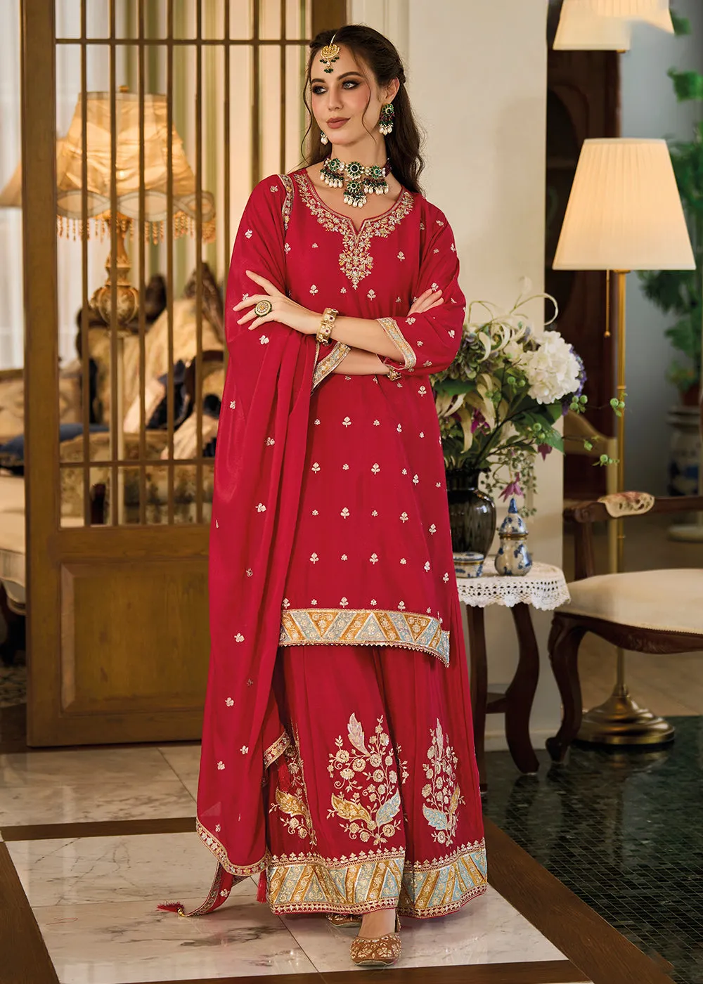 Heavy Chinnon Red Embroidered Festive Palazzo Suit