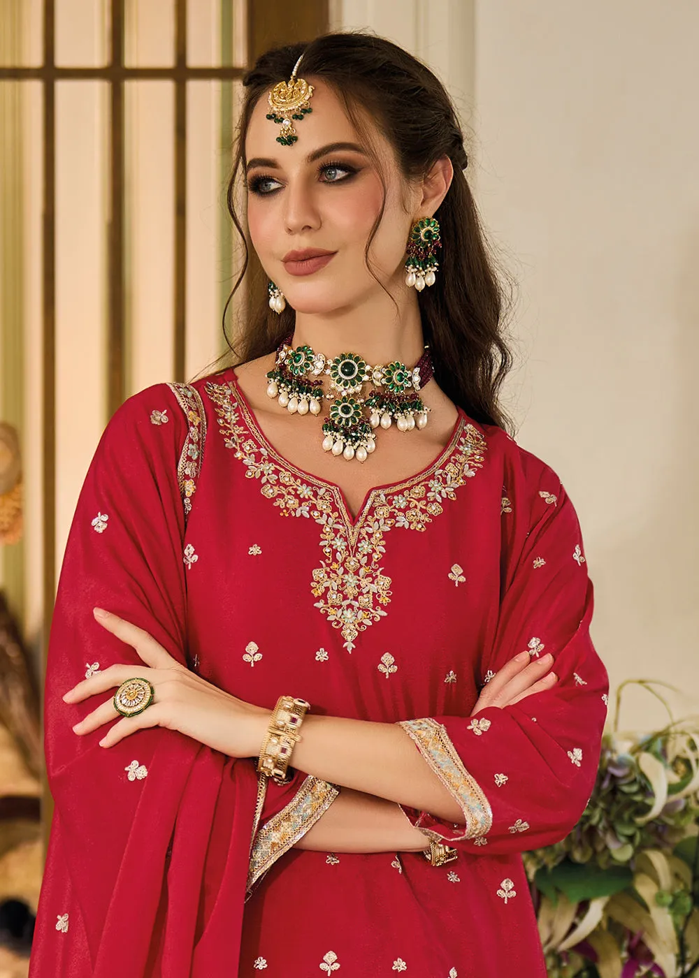 Heavy Chinnon Red Embroidered Festive Palazzo Suit