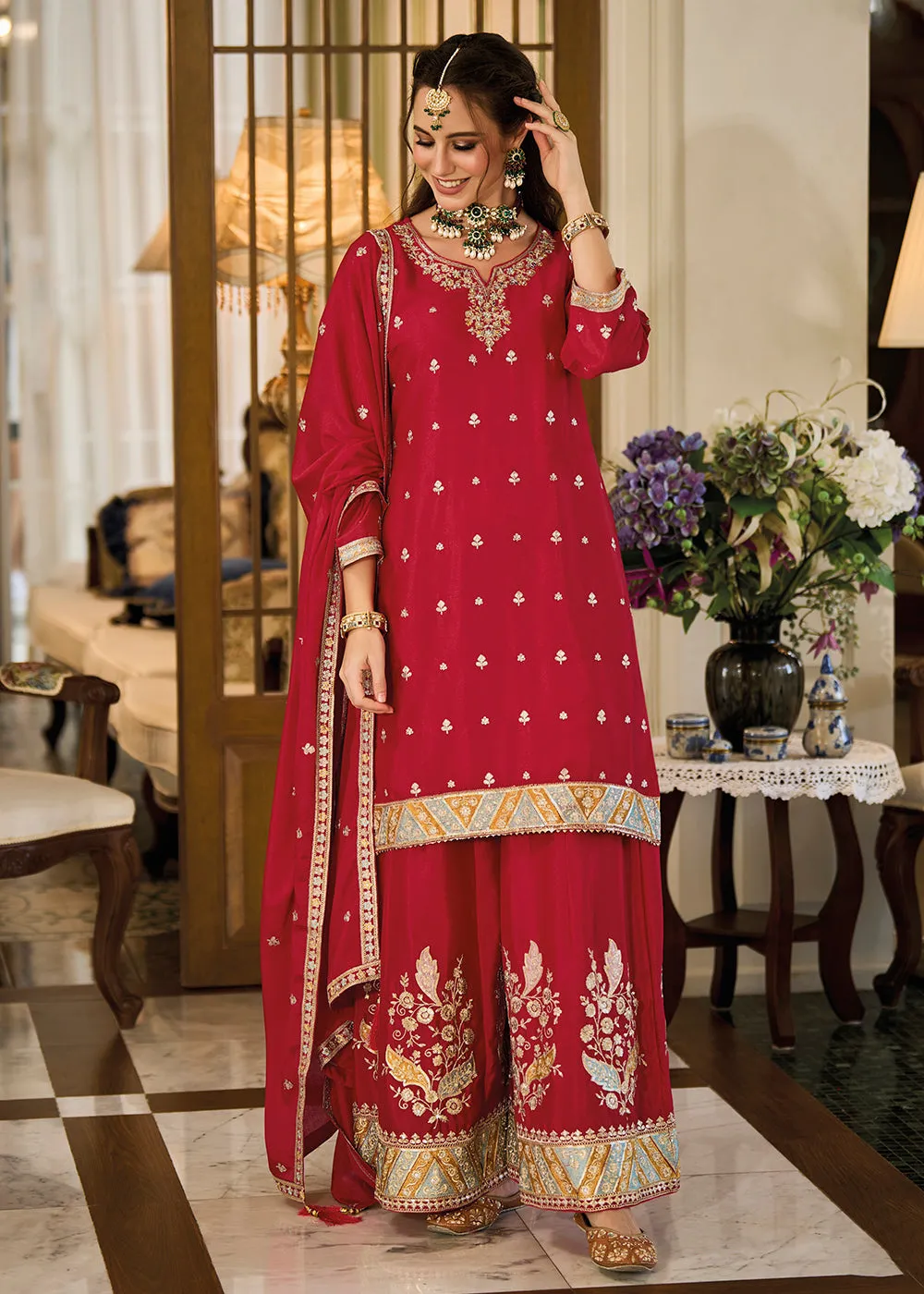 Heavy Chinnon Red Embroidered Festive Palazzo Suit