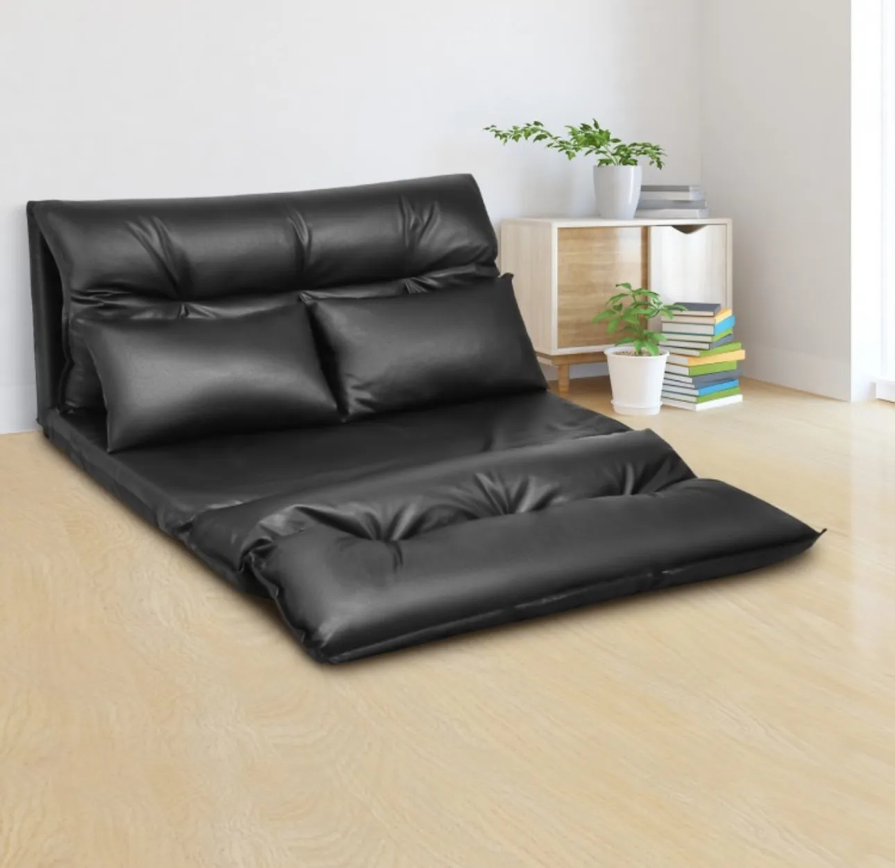 Heavy Duty Modern Foldable PU Leather Leisure Floor Comfortable Sofa Bed With 2 Thick Comfy Pillows | 3-in-1 Design | 5 Adjustable Positions