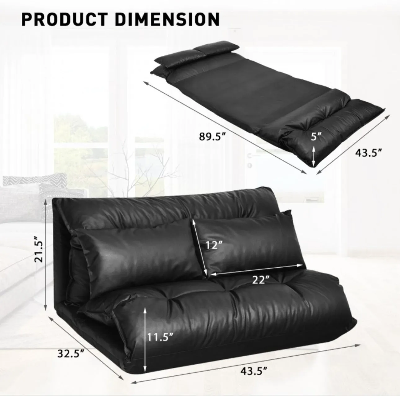 Heavy Duty Modern Foldable PU Leather Leisure Floor Comfortable Sofa Bed With 2 Thick Comfy Pillows | 3-in-1 Design | 5 Adjustable Positions