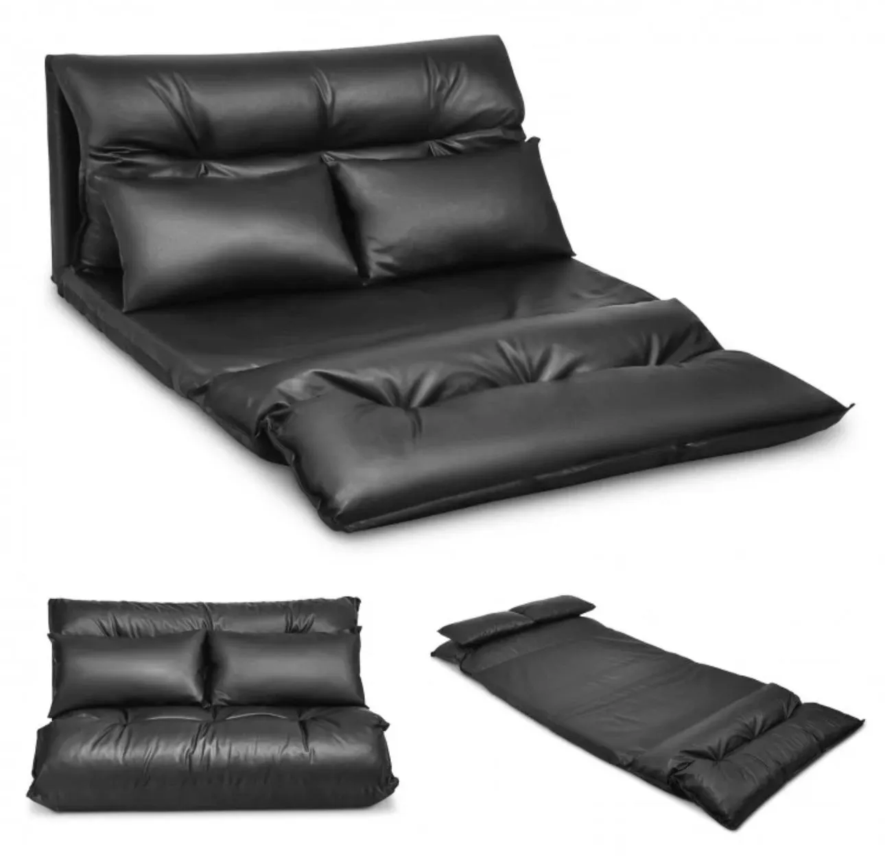 Heavy Duty Modern Foldable PU Leather Leisure Floor Comfortable Sofa Bed With 2 Thick Comfy Pillows | 3-in-1 Design | 5 Adjustable Positions