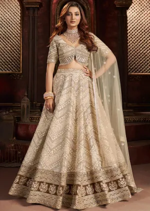 Heavy Embroidered Beige Ivory Organza Bridal Lehenga Choli