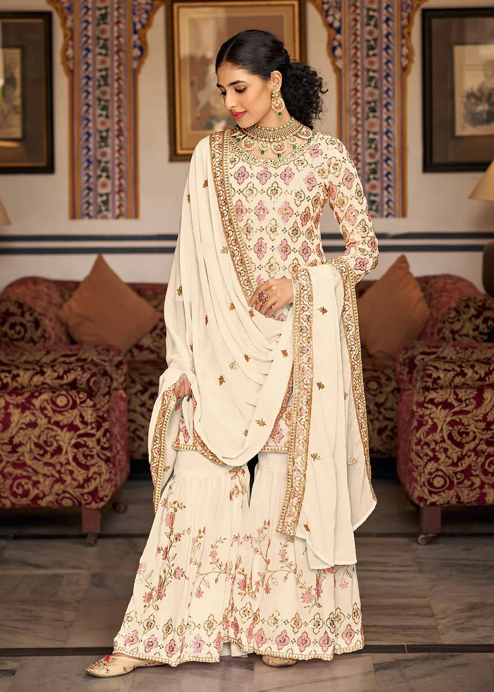 Heavy Georgette Cream Sequins Embroidered Gharara Suit