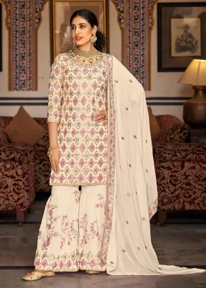 Heavy Georgette Cream Sequins Embroidered Gharara Suit