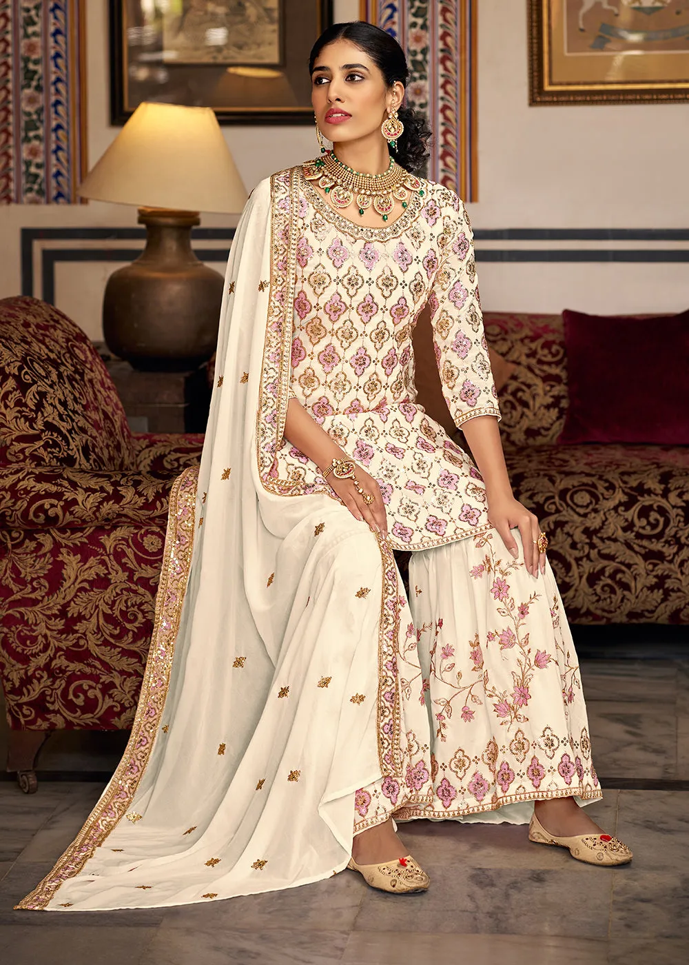 Heavy Georgette Cream Sequins Embroidered Gharara Suit