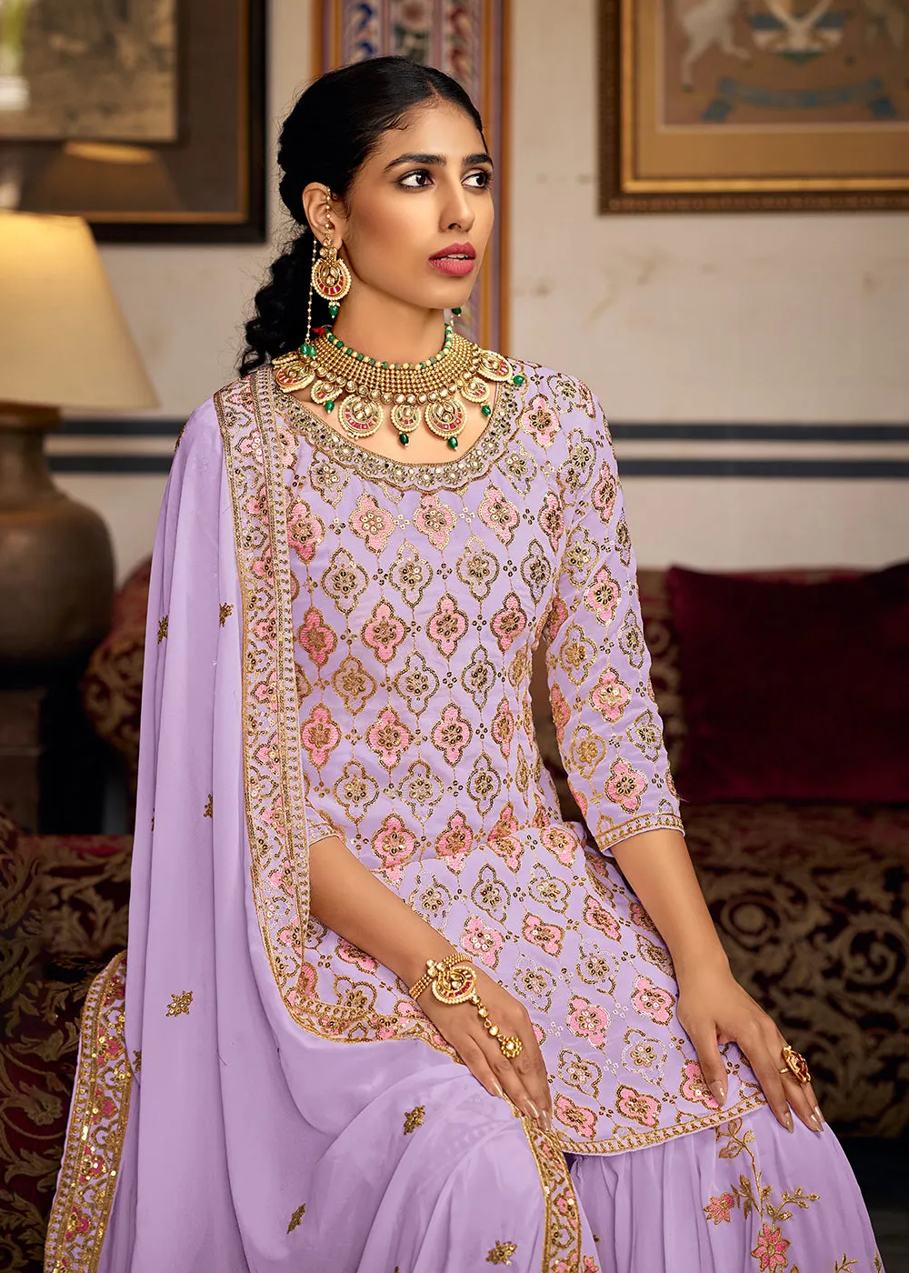 Heavy Georgette Lavender Sequins Embroidered Gharara Suit