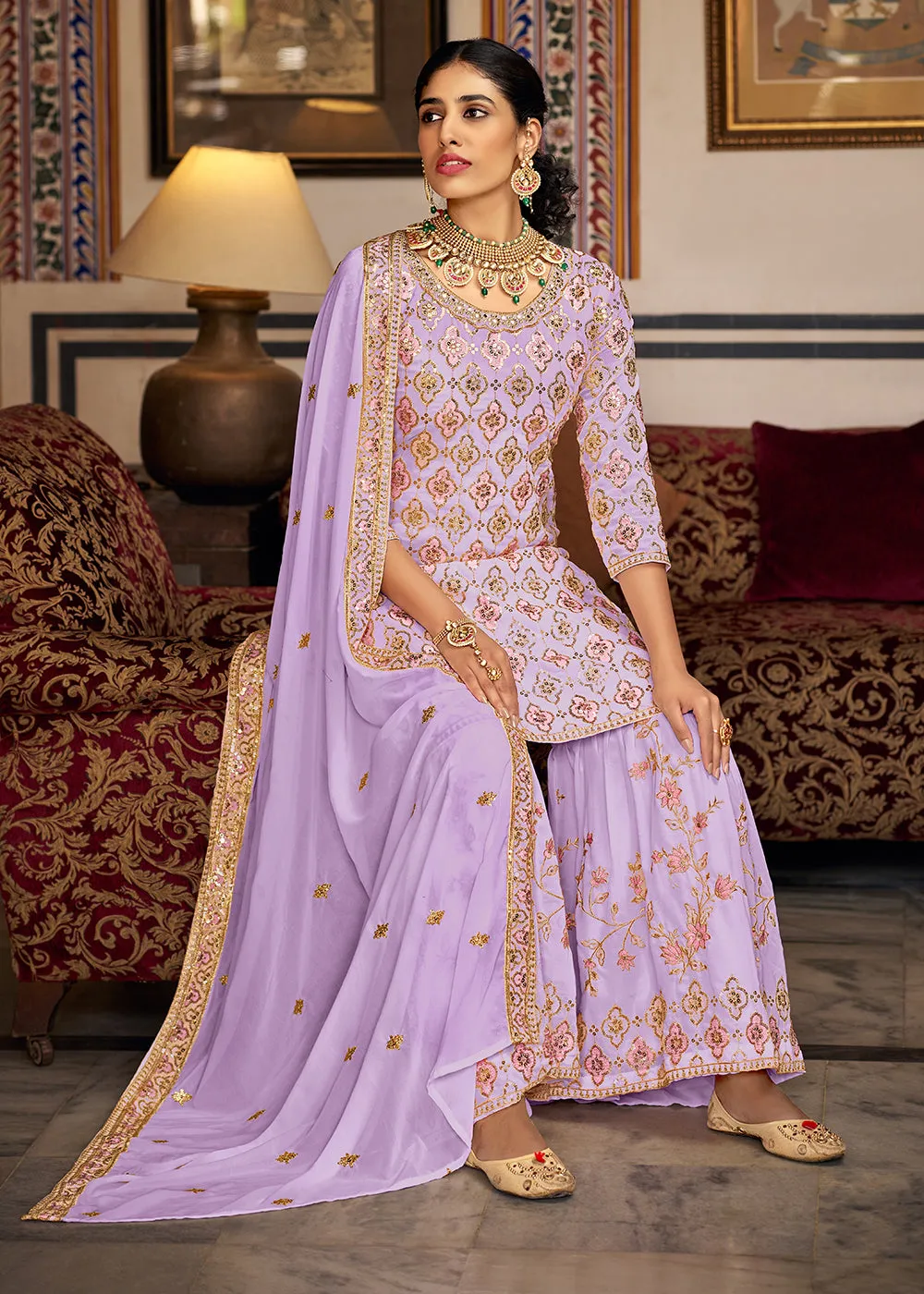 Heavy Georgette Lavender Sequins Embroidered Gharara Suit