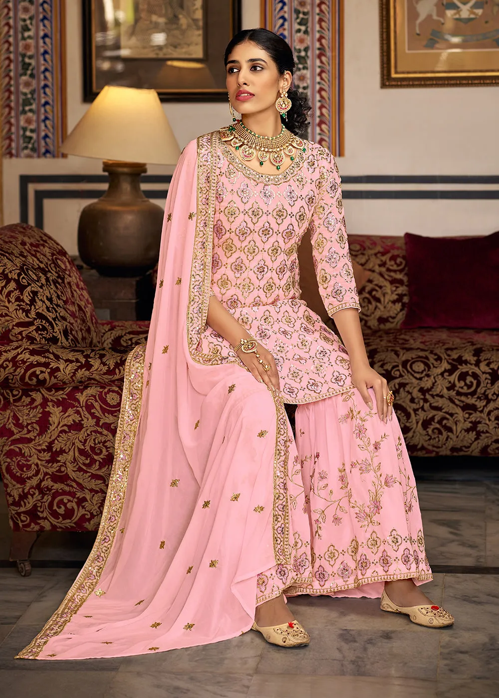 Heavy Georgette Pink Sequins Embroidered Gharara Suit