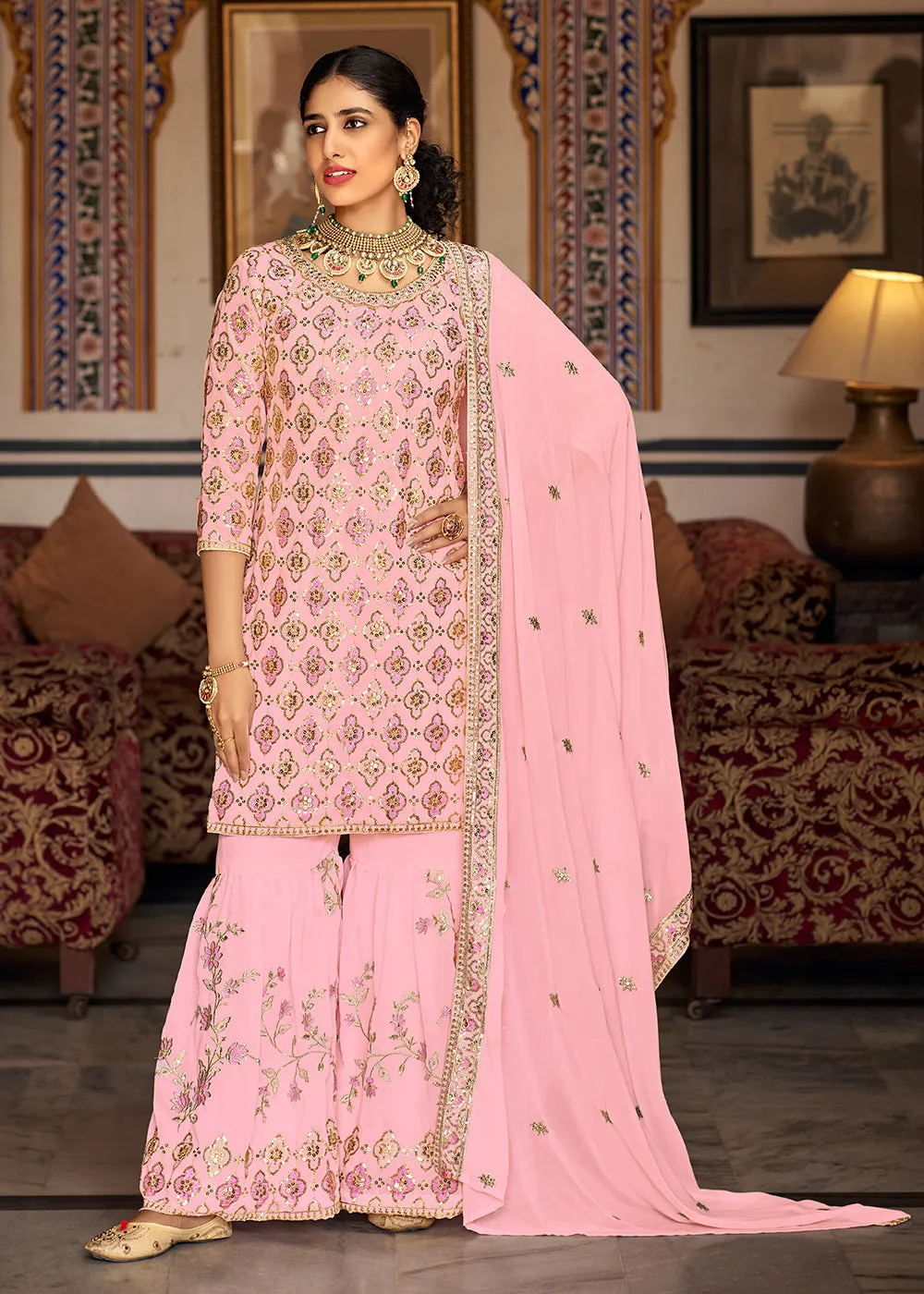 Heavy Georgette Pink Sequins Embroidered Gharara Suit