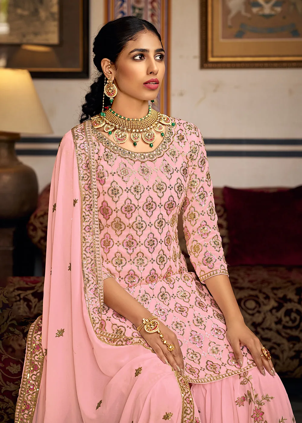 Heavy Georgette Pink Sequins Embroidered Gharara Suit