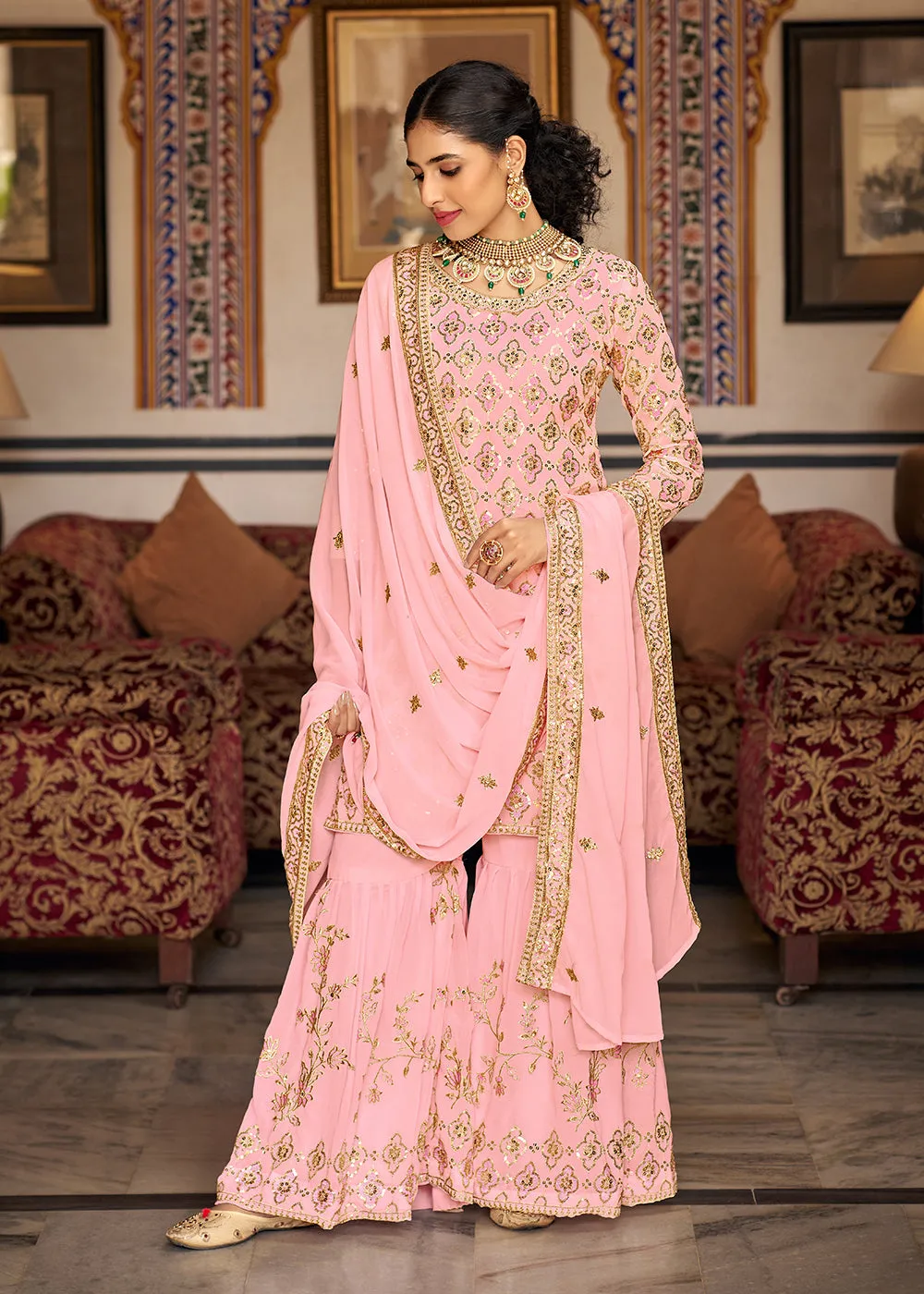 Heavy Georgette Pink Sequins Embroidered Gharara Suit