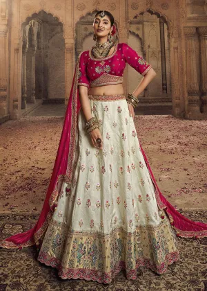 Heavy Viscose Cream & Rani Pink Embroidered Bridal Lehenga Choli