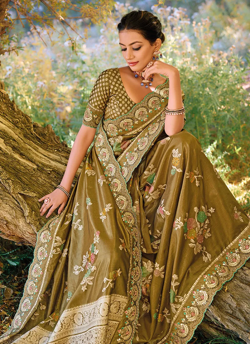 Heena Green Embroidery Banarasi Silk Saree