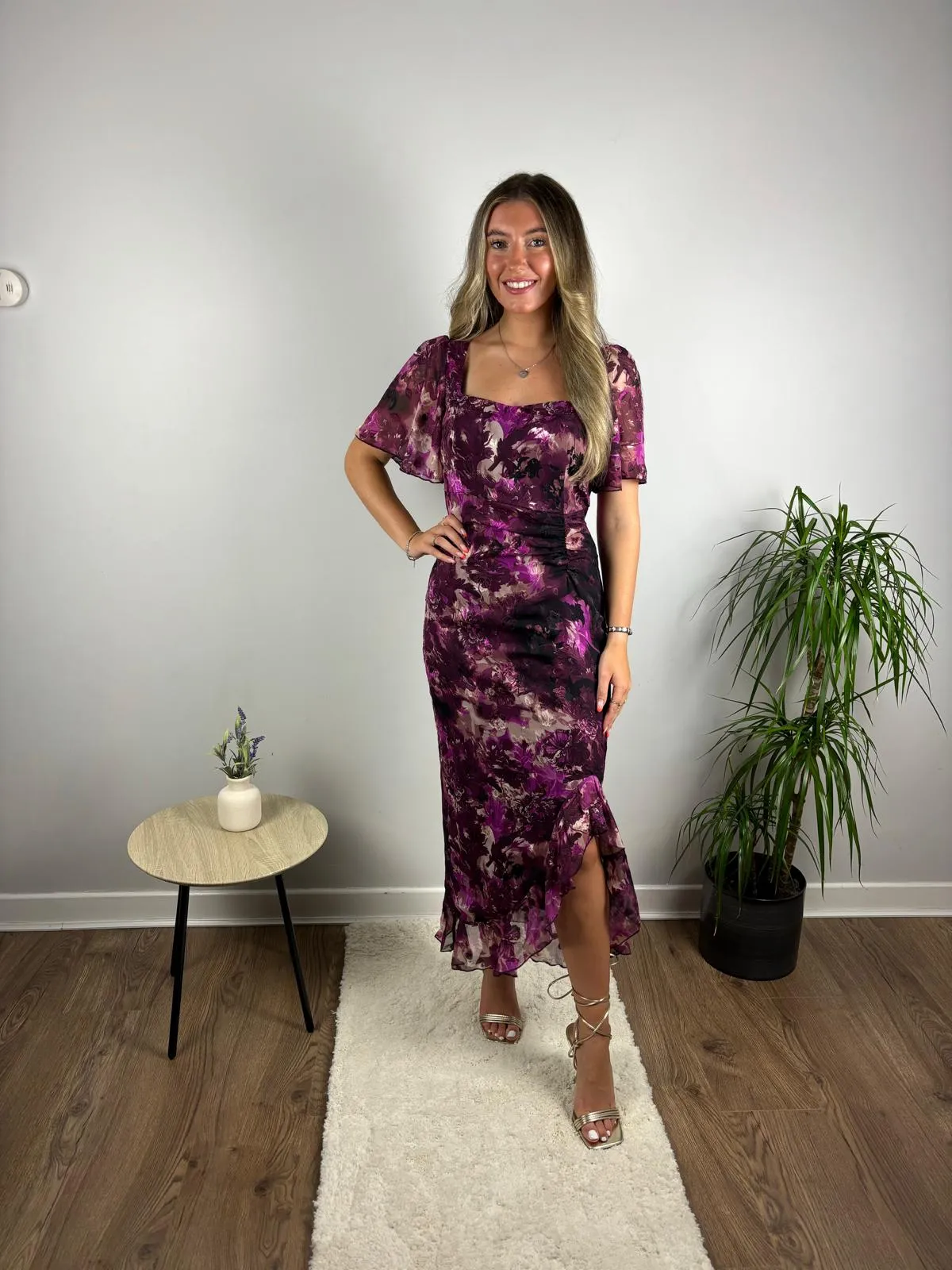 Heidi Purple Floral Burnout Ruched Midi Dress