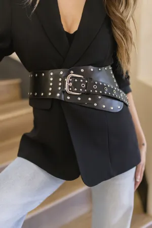 Heidi Wide Vegan Leather Asymmetrical Studded Belt Black