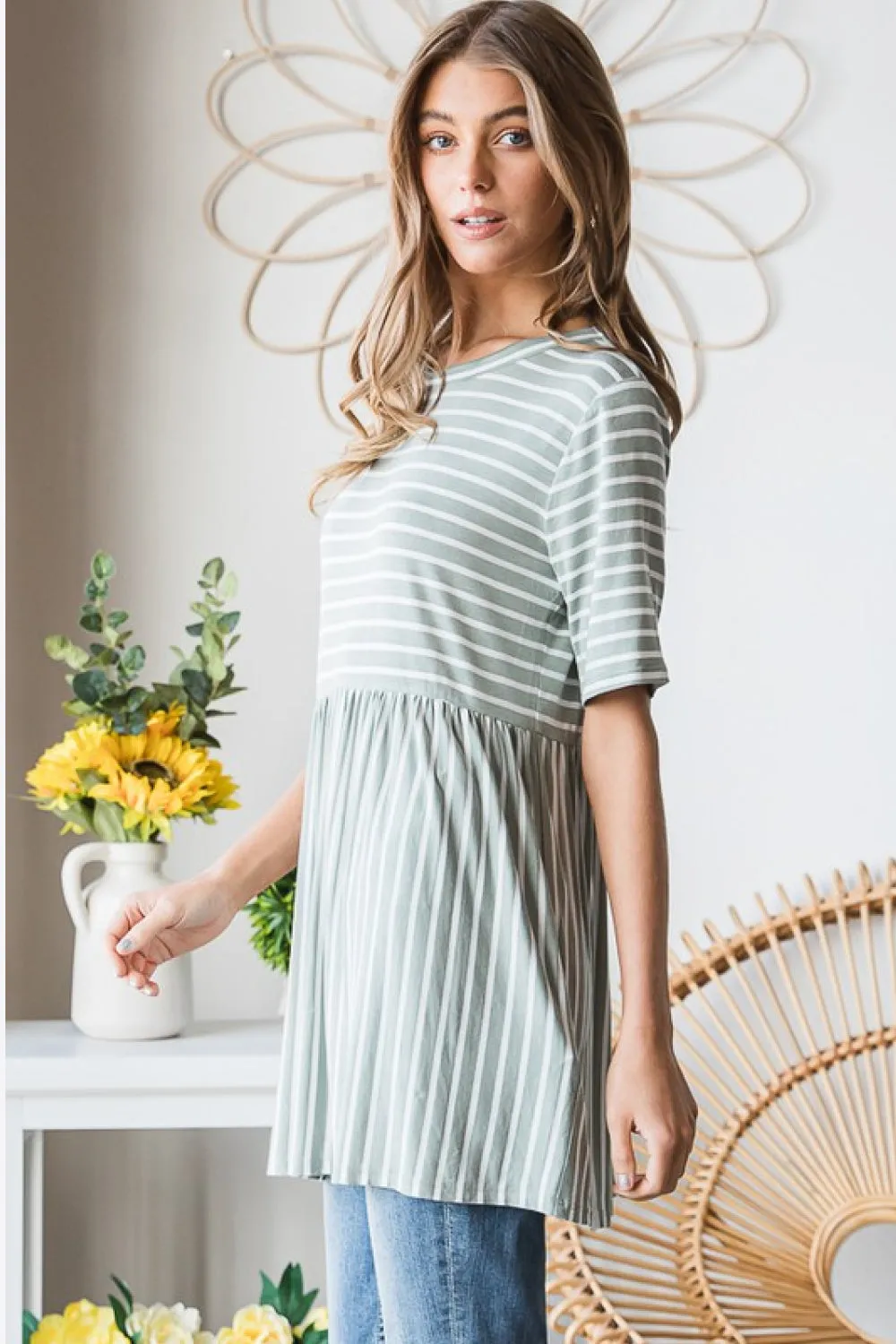 Heimish Full Size Striped Round Neck Babydoll Tee in Sage/Ivory