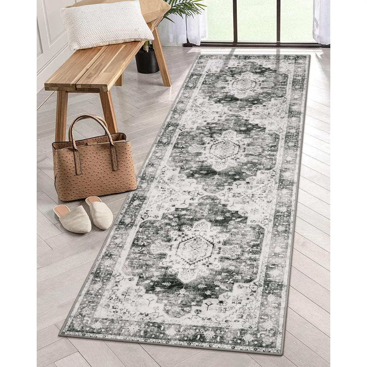 Helene Ultra-Thin Washable Vintage Floral Grey Area Rug